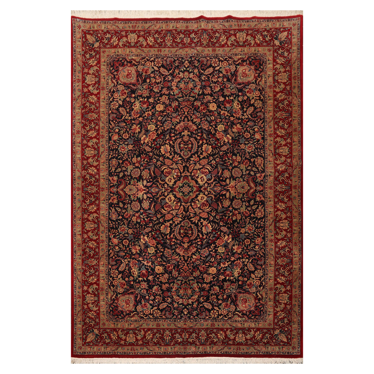 6x9 Midnight Blue, Red, Green Color Hand Knotted Sarouk 100% Wool Traditional Oriental Rug