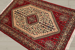 3x5 Ivory, Red, Aqua Color Hand Knotted Abadeh 100% Wool Traditional Oriental Rug