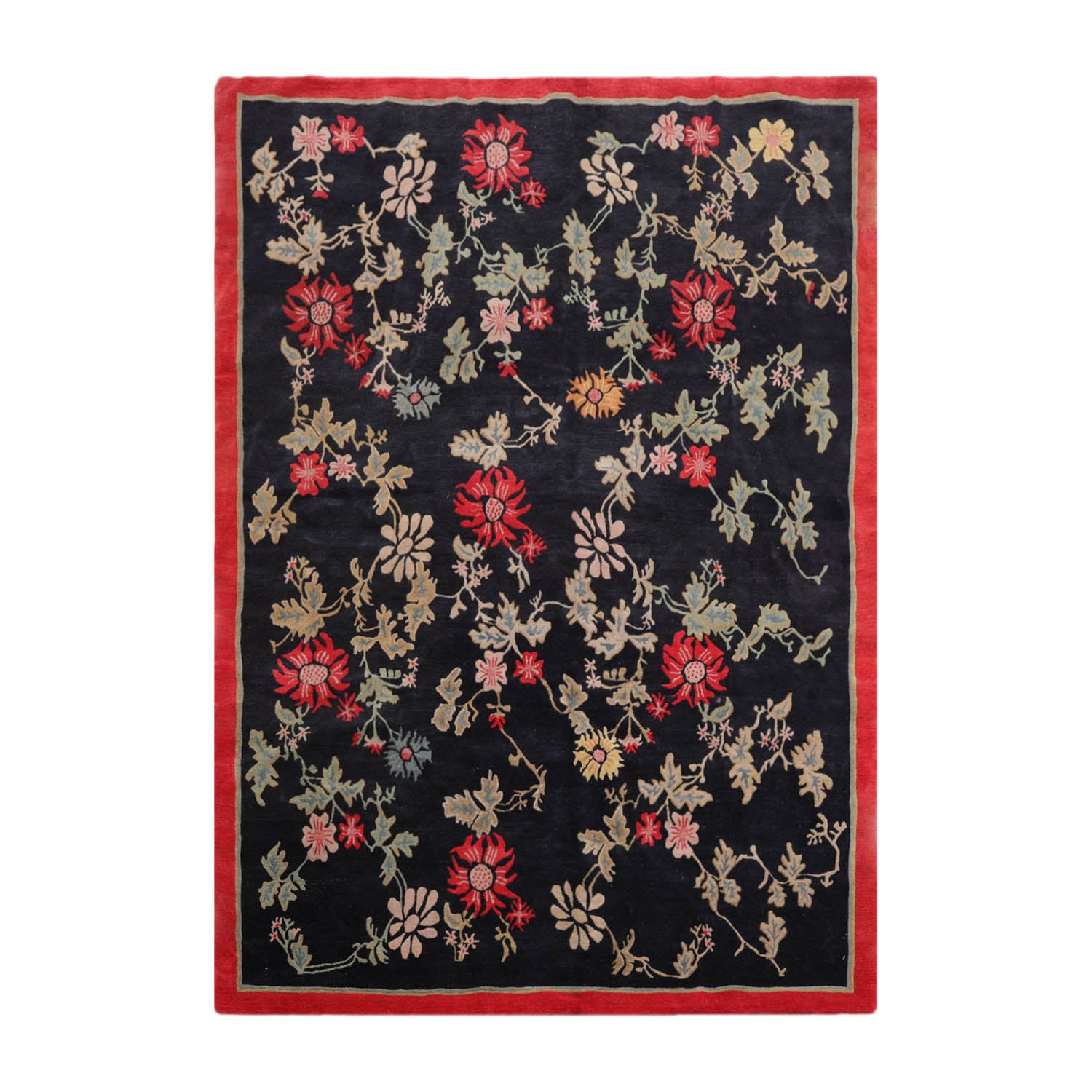 6x9 Midnight Blue, Coral, Beige Color Hand Knotted  100% Wool Traditional Oriental Rug