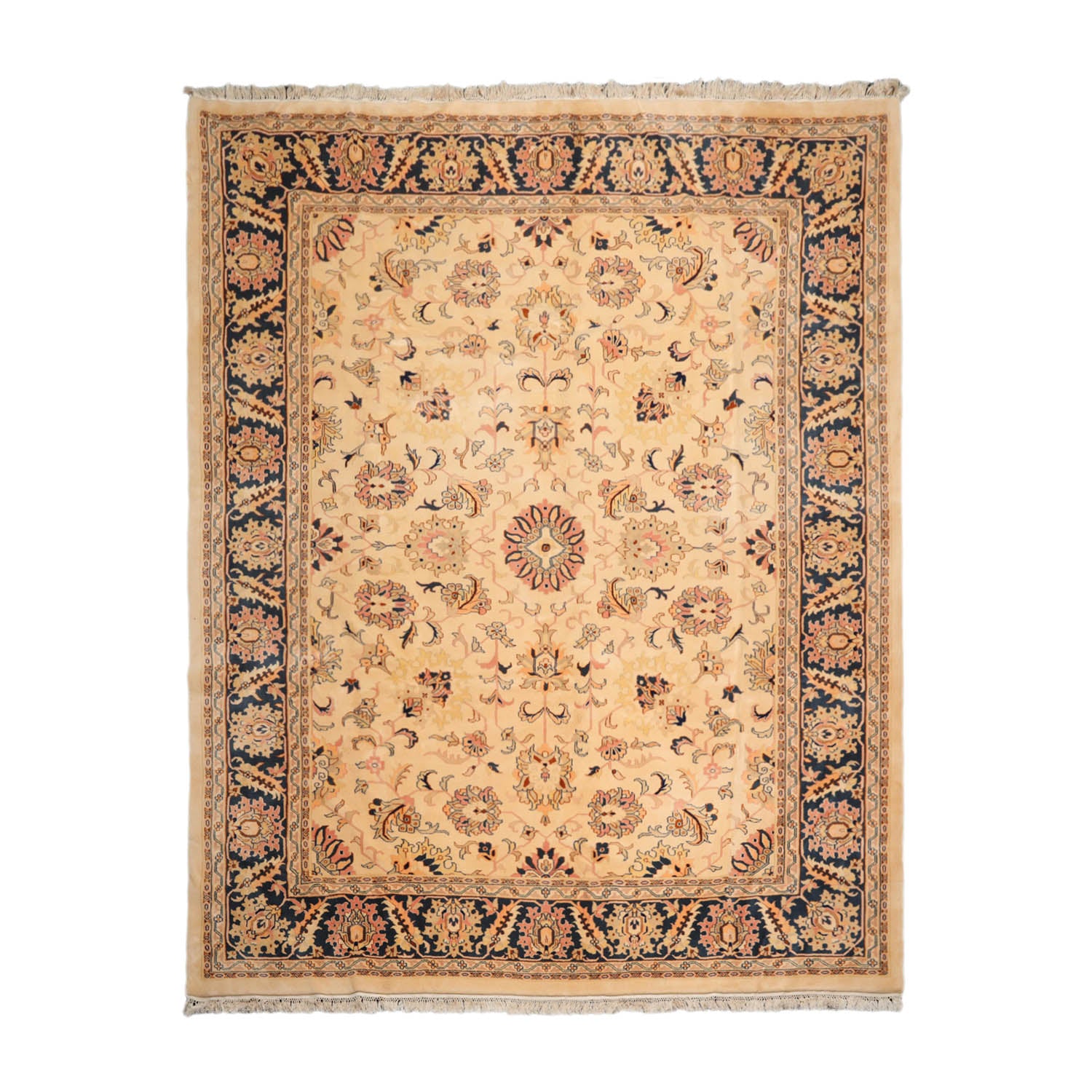 9x12 Tan, Midnight Blue, Blush Color Hand Knotted Agra 100% Wool Traditional Oriental Rug