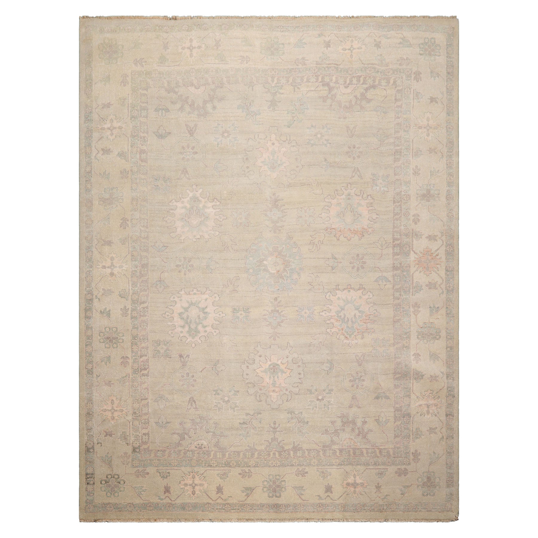 9x12 Moss, Beige, Blush Color Hand Knotted Afghan Oushak Wool Traditional Oriental Rug