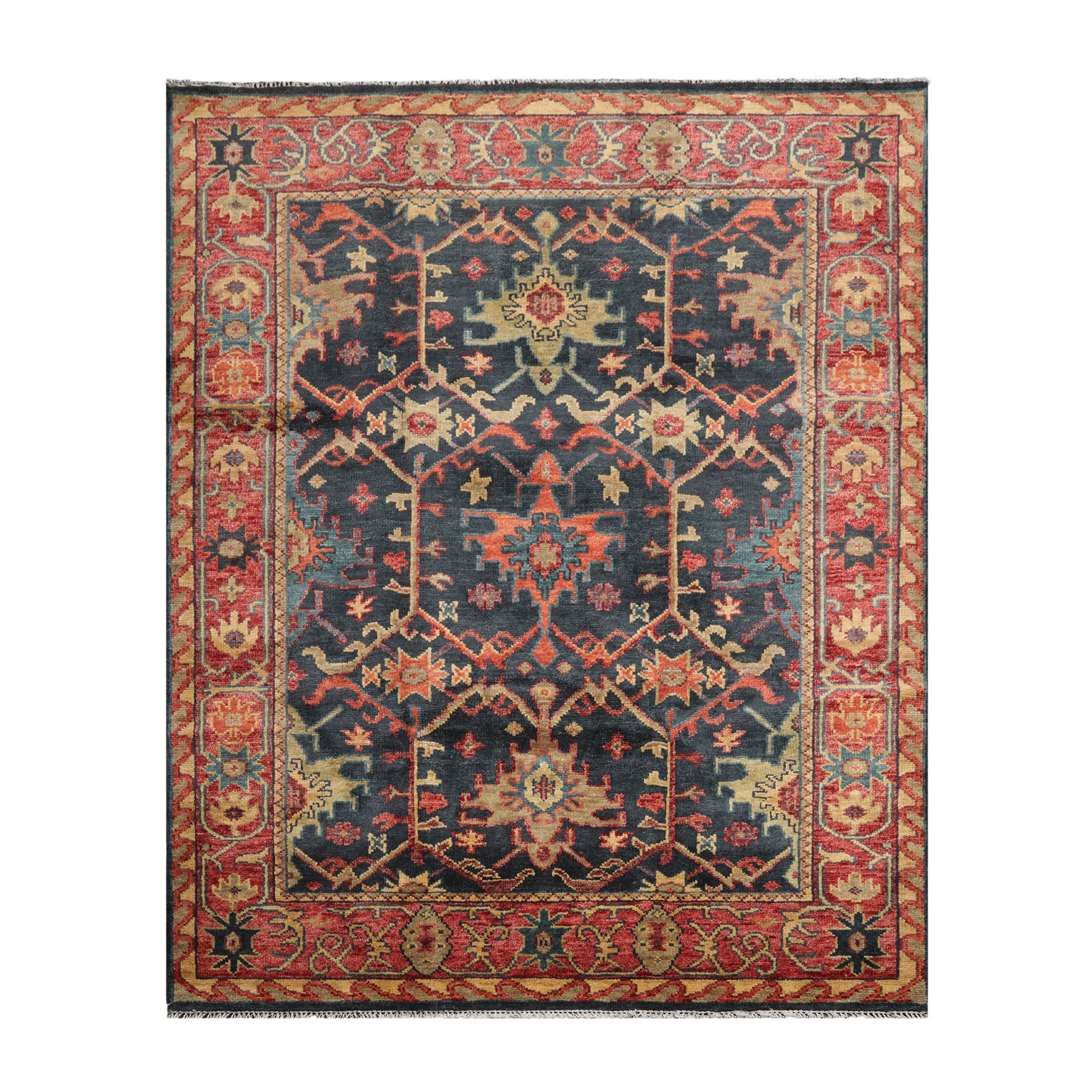 Multi Size Blue Coral Orange Color Hand Knotted Oushak Wool  Oriental Rug