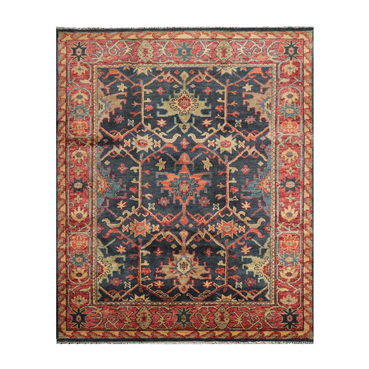 Multi Size Blue Coral Orange Color Hand Knotted Oushak Wool  Oriental Rug