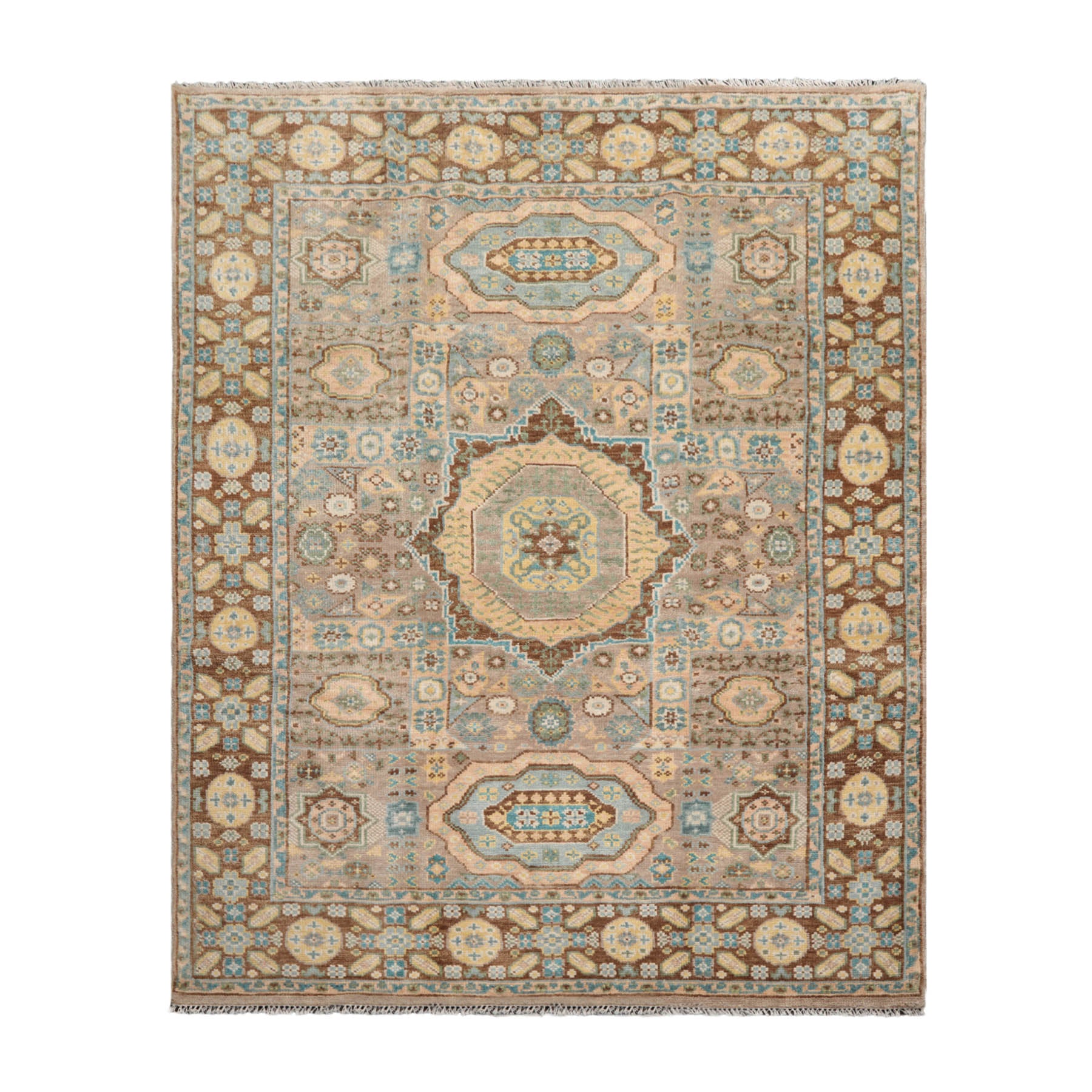 8x10 Taupe, Teal, Gold Color Hand Knotted  100% Wool Traditional Oriental Rug