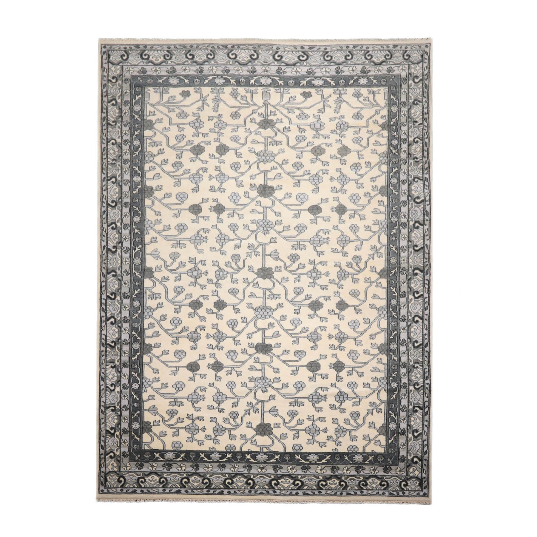 Multi Size Ivory Gray Charcoal Color Hand Knotted Oushak Wool Traditional Oriental Rug