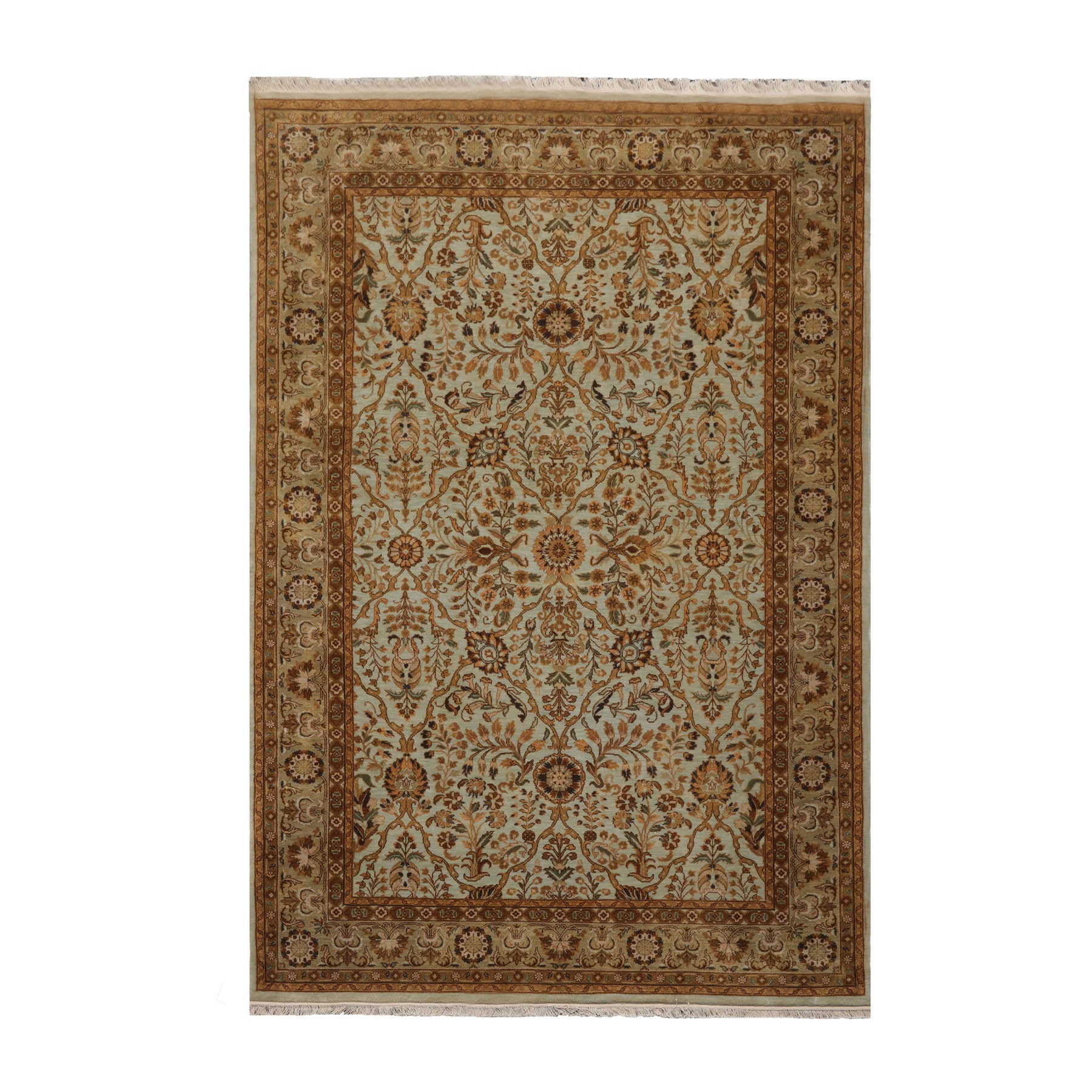 6x9 Aqua, Champagne, Brown Color Hand Knotted Agra 100% Wool Traditional Oriental Rug