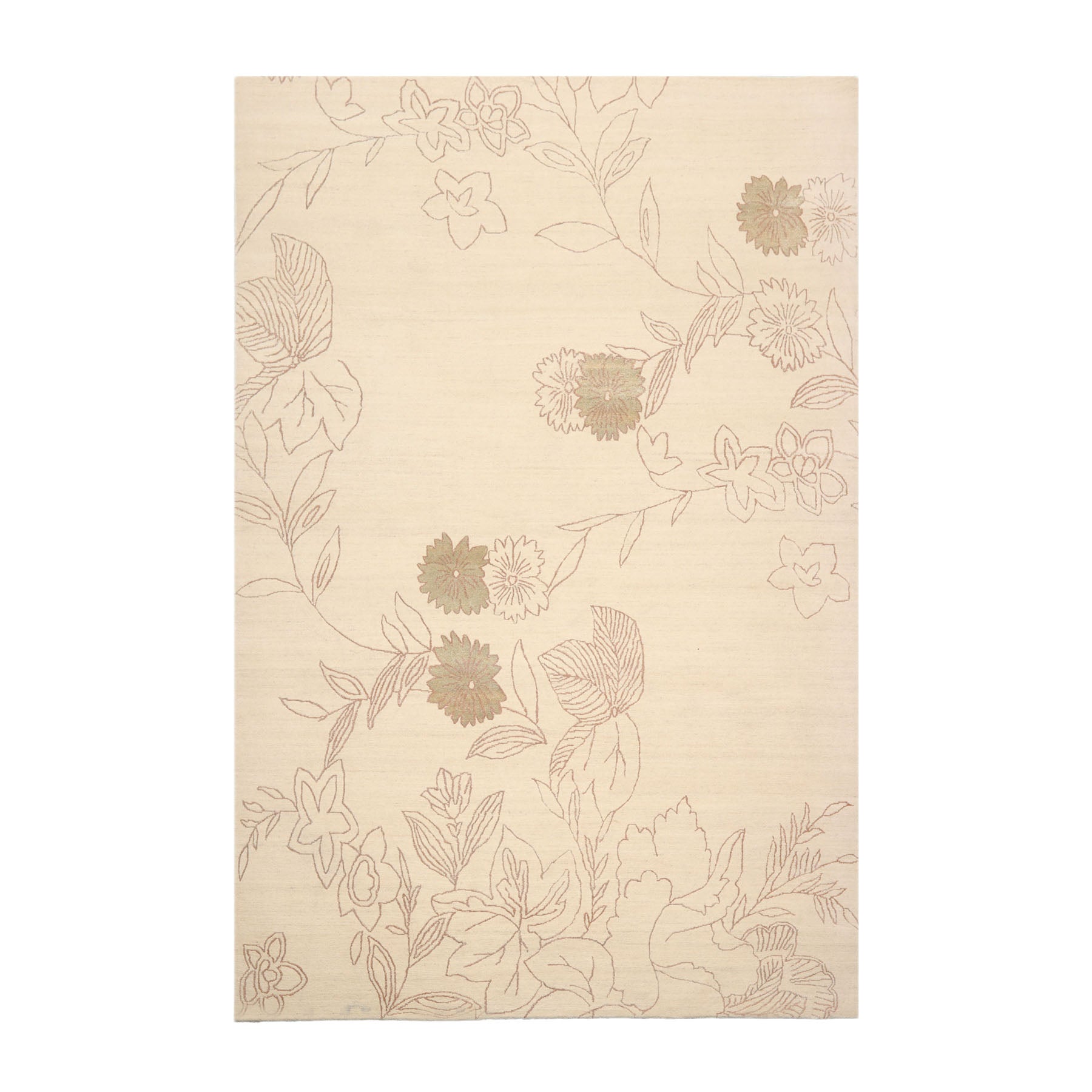 6x9 Ivory, Olive Green, Brown Color Hand Knotted Tibetan Wool & Silk Transitional Oriental Rug