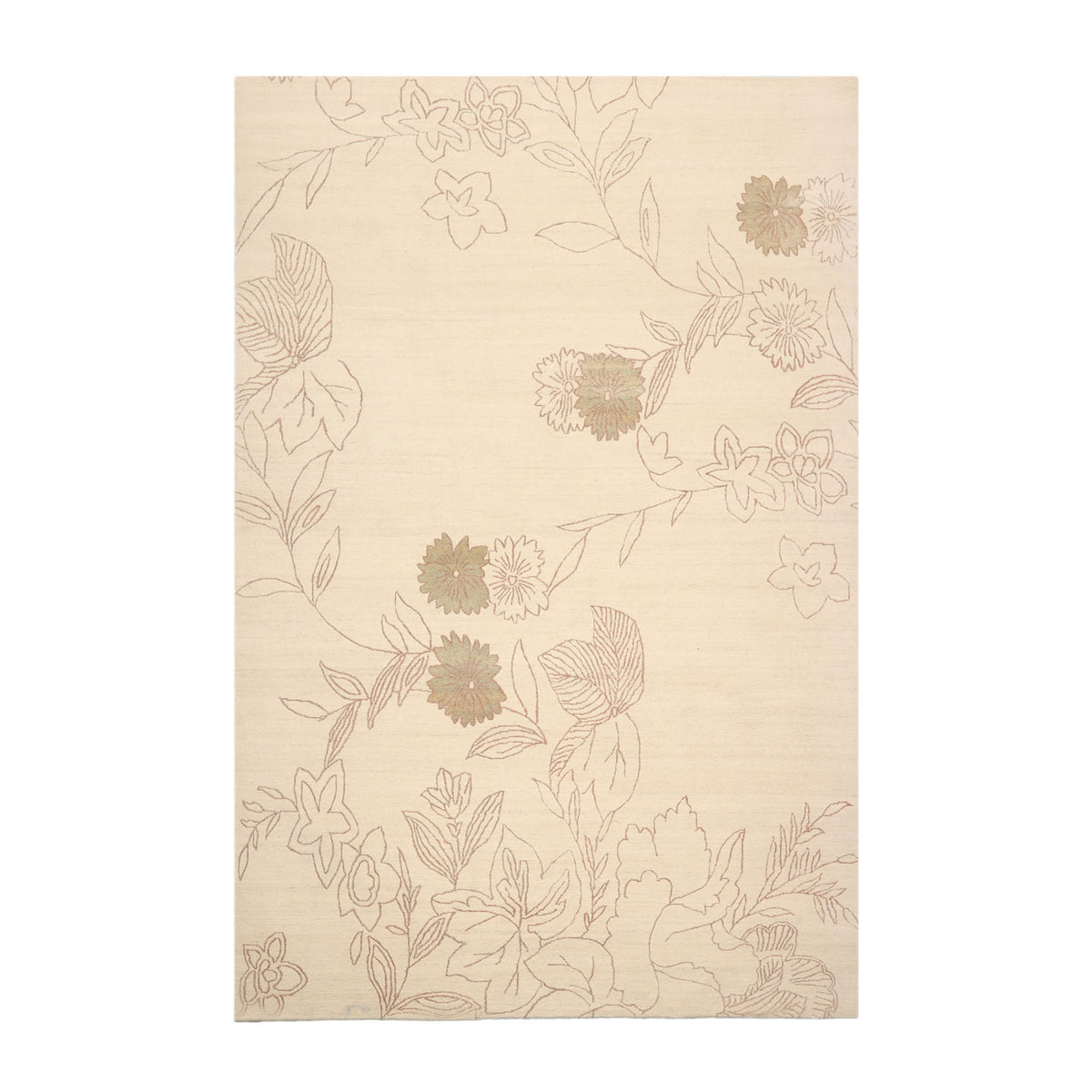 6x9 Ivory, Olive Green, Brown Color Hand Knotted Tibetan Wool & Silk Transitional Oriental Rug