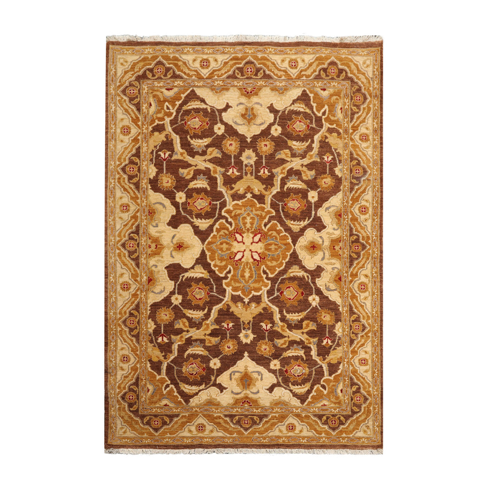 6x9 Brown, Beige, Gold Color Hand Knotted Peshawar 100% Wool Traditional Oriental Rug