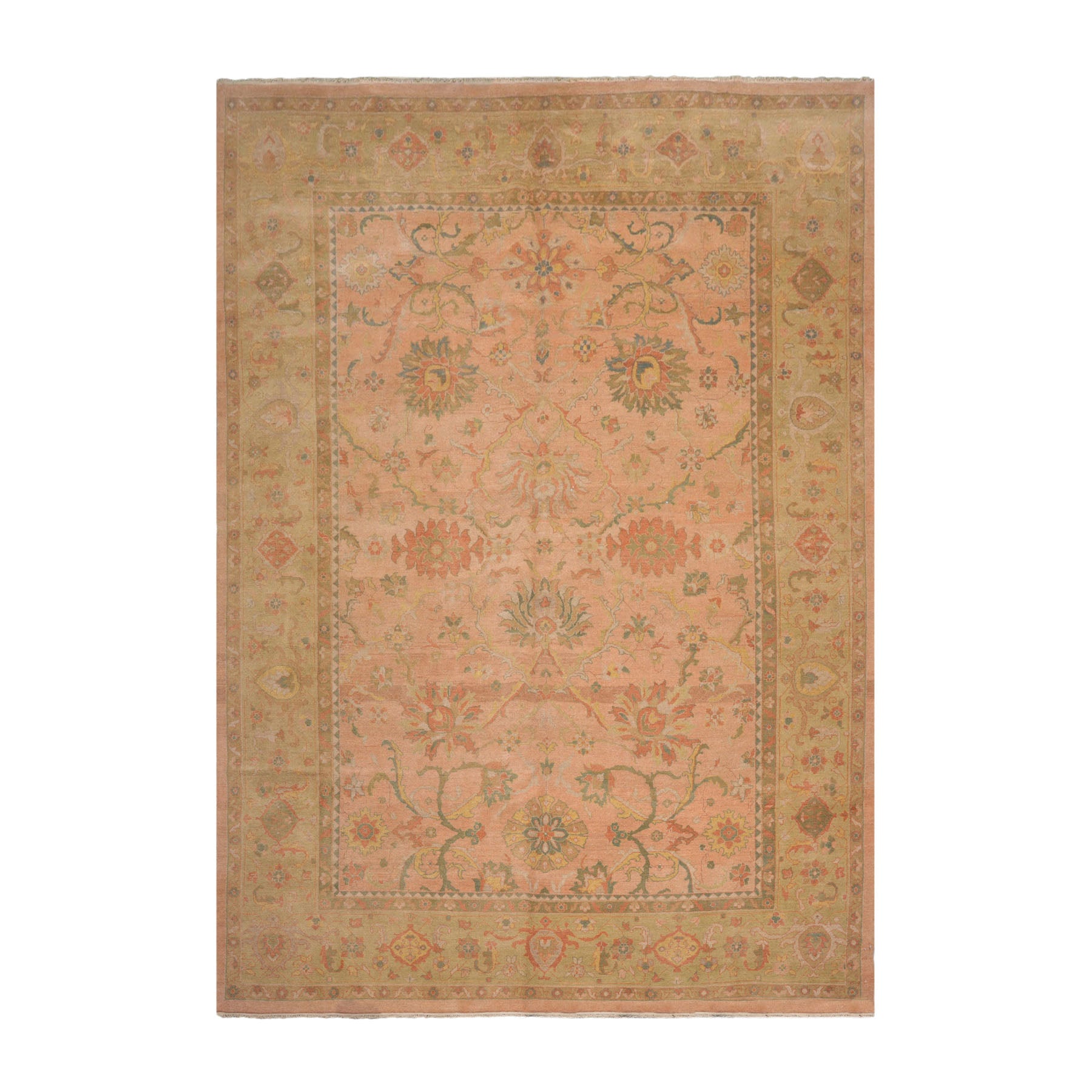 10x14 Raspberry, Pistacchio, Gold Color Hand Knotted Oushak 100% Wool Traditional Oriental Rug