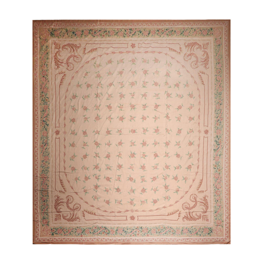 Palace Blush, Peach, Green Color Hand Knotted French Aubusson 100% Wool Traditional Oriental Rug