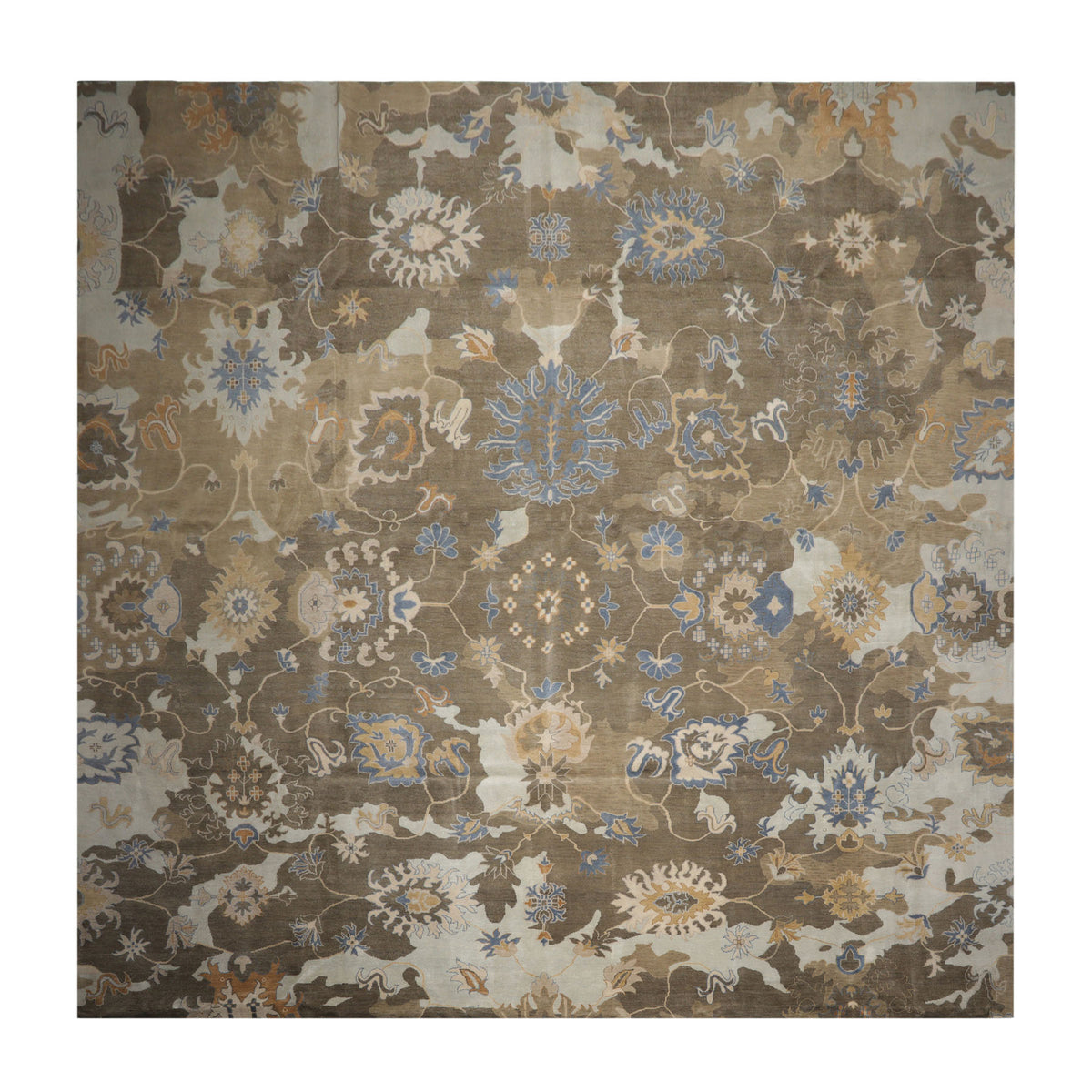 Square Brown, Tan, Beige Color Hand Knotted Oushak 100% Wool Traditional Oriental Rug