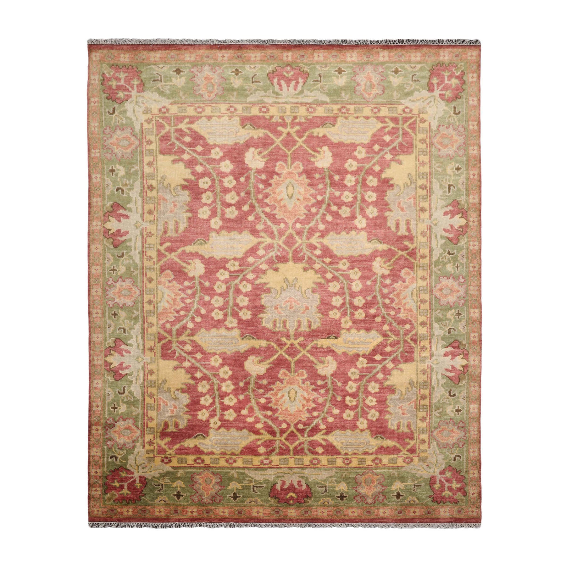 Multi Size Raspberry Green Gold Color Hand Knotted Oushak Wool  Oriental Rug