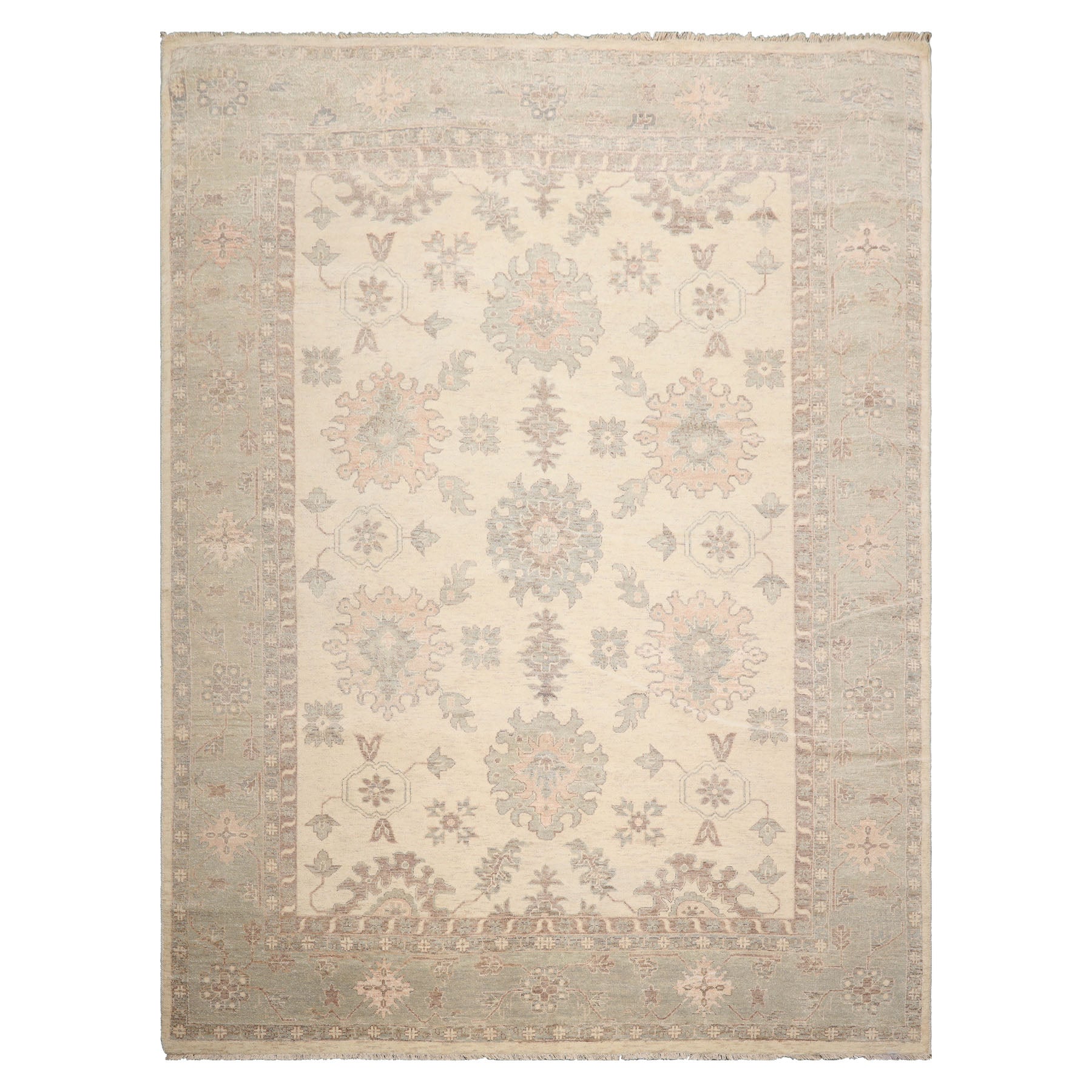 9x12 Ivory, Mint, Brown Color Hand Knotted Afghan Oushak Wool Traditional Oriental Rug