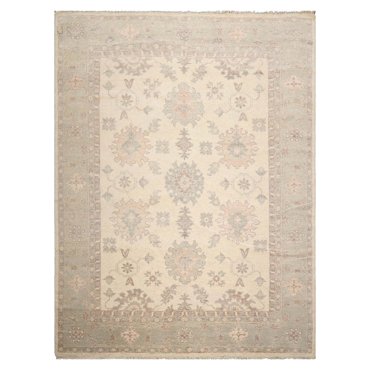 9x12 Ivory, Mint, Brown Color Hand Knotted Afghan Oushak Wool Traditional Oriental Rug