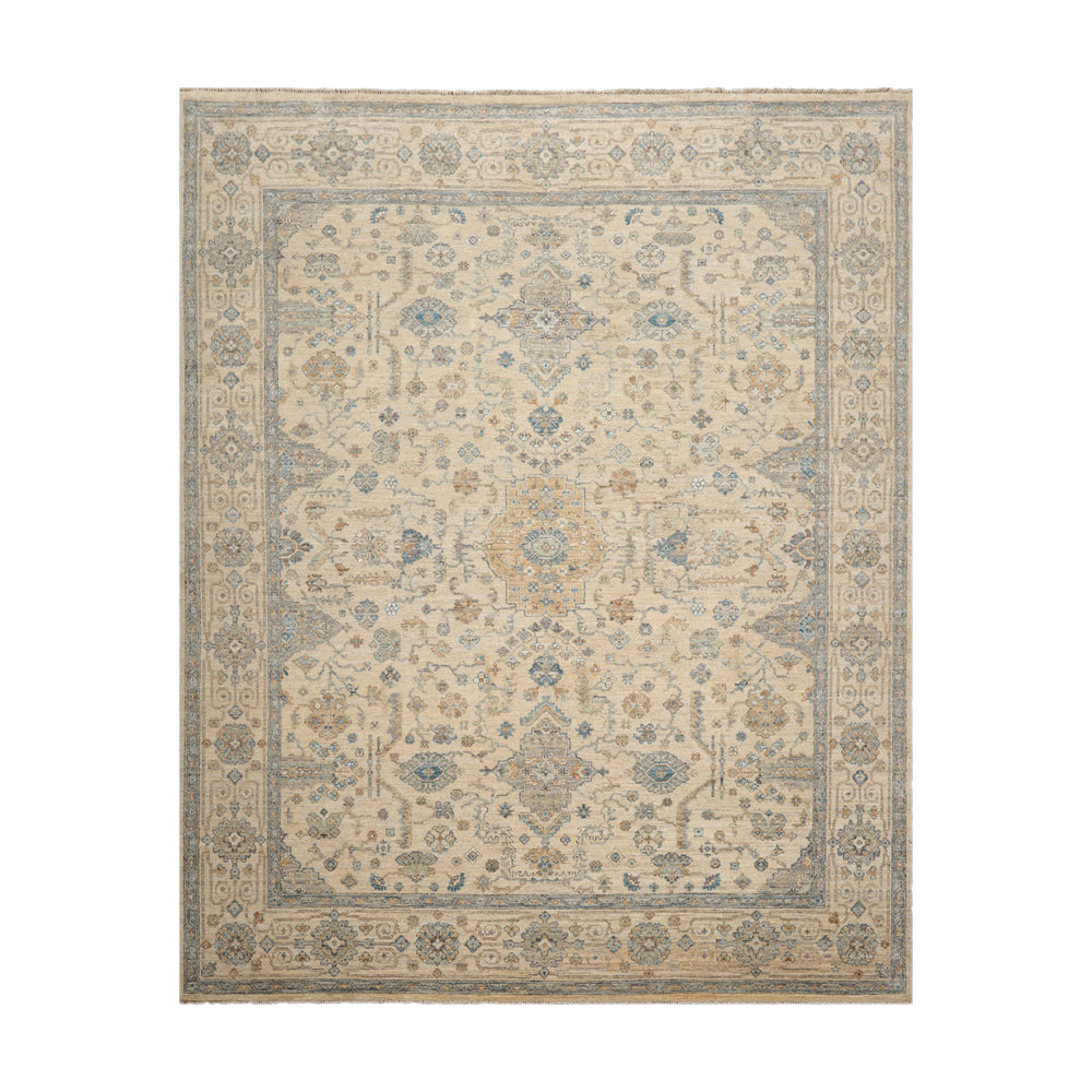 8x10 Beige, Gold, Aqua Color Hand Knotted Oushak Wool Traditional Oriental Rug