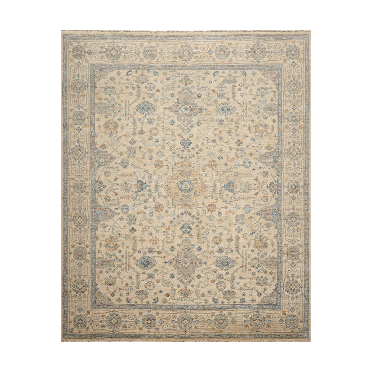 8x10 Beige, Gold, Aqua Color Hand Knotted Oushak Wool Traditional Oriental Rug