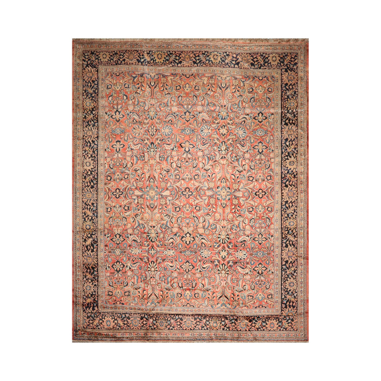 Palace Salmon, Black, Blue Color Hand Knotted Mahal 100% Wool Traditional Oriental Rug