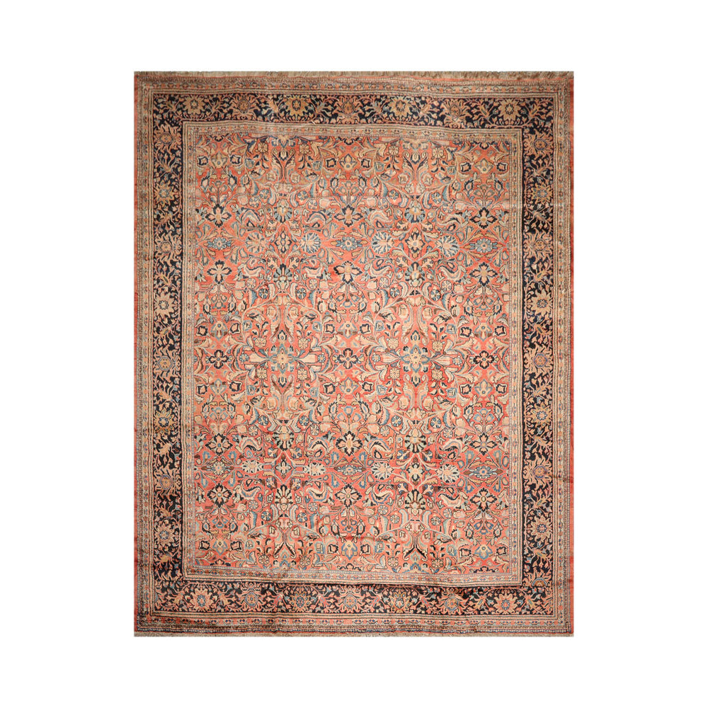 Palace Salmon, Black, Blue Color Hand Knotted Mahal 100% Wool Traditional Oriental Rug
