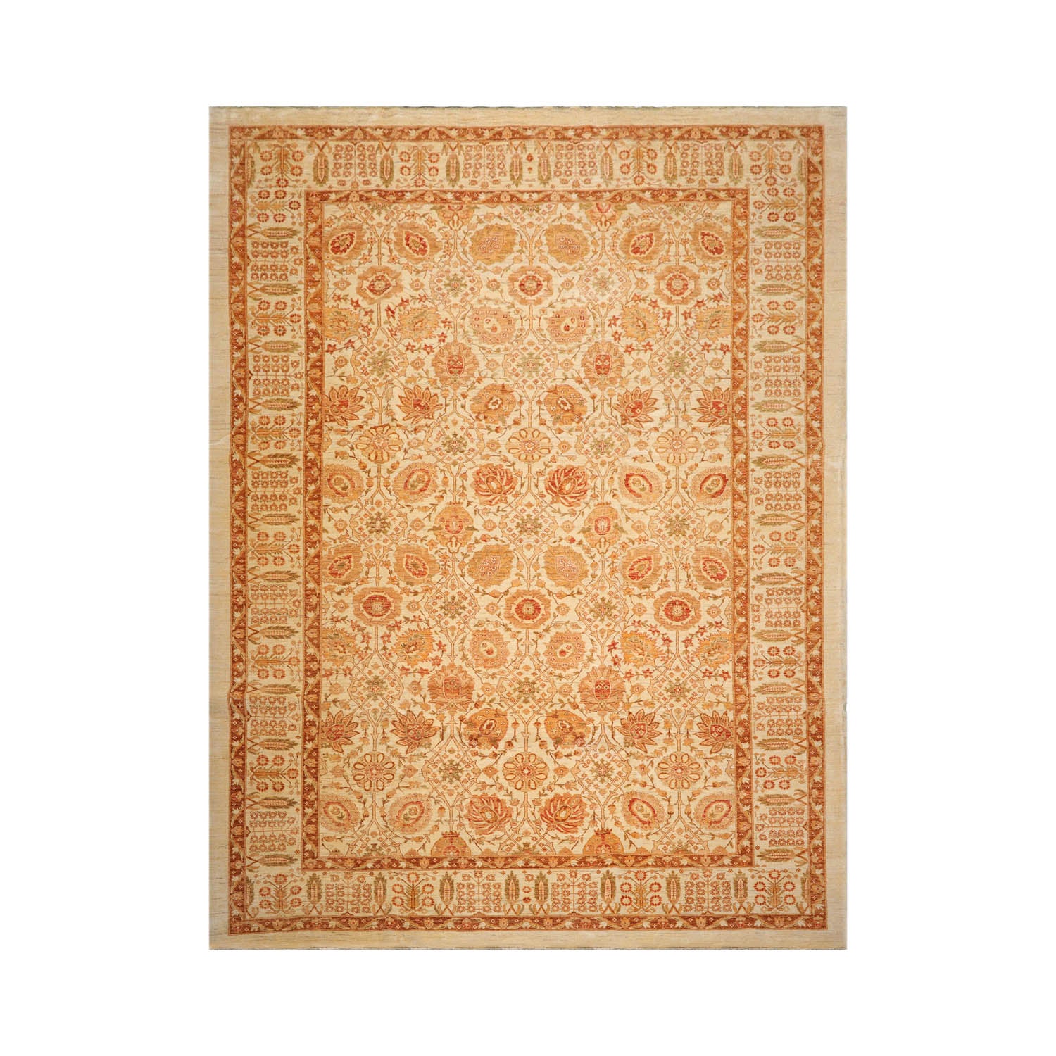 10x14 Ivory, Brown, Rust Color Hand Knotted Peshawar 100% Wool Traditional Oriental Rug