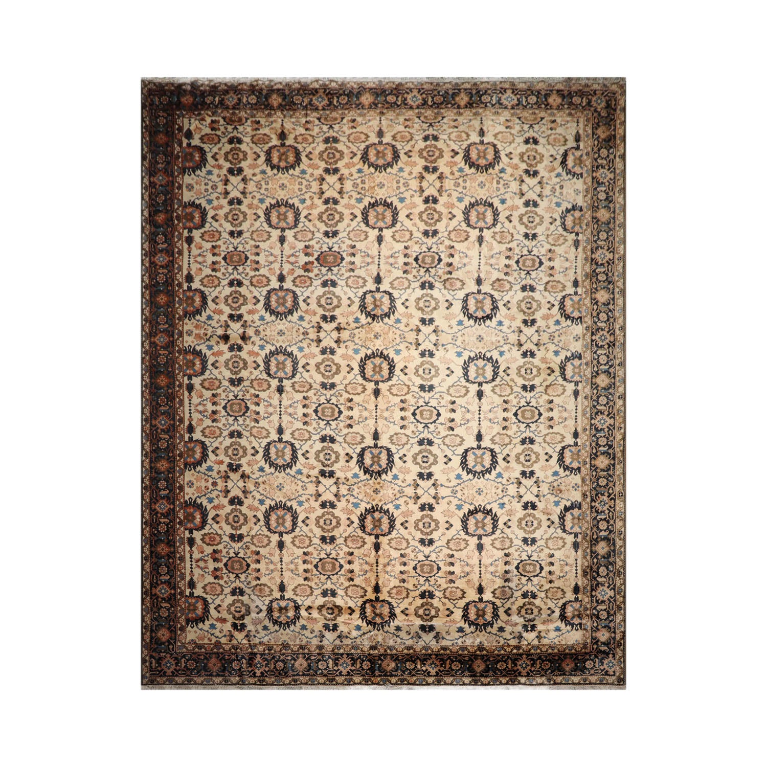 Palace Ivory, Midnight Blue, Olive Green Color Hand Knotted Mahal 100% Wool Traditional Oriental Rug