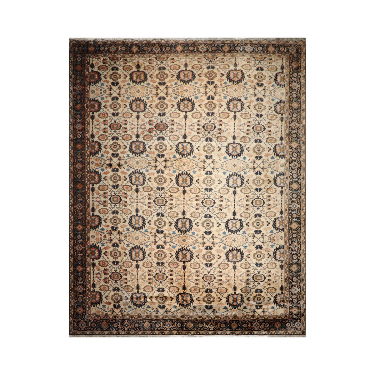 Palace Ivory, Midnight Blue, Olive Green Color Hand Knotted Mahal 100% Wool Traditional Oriental Rug