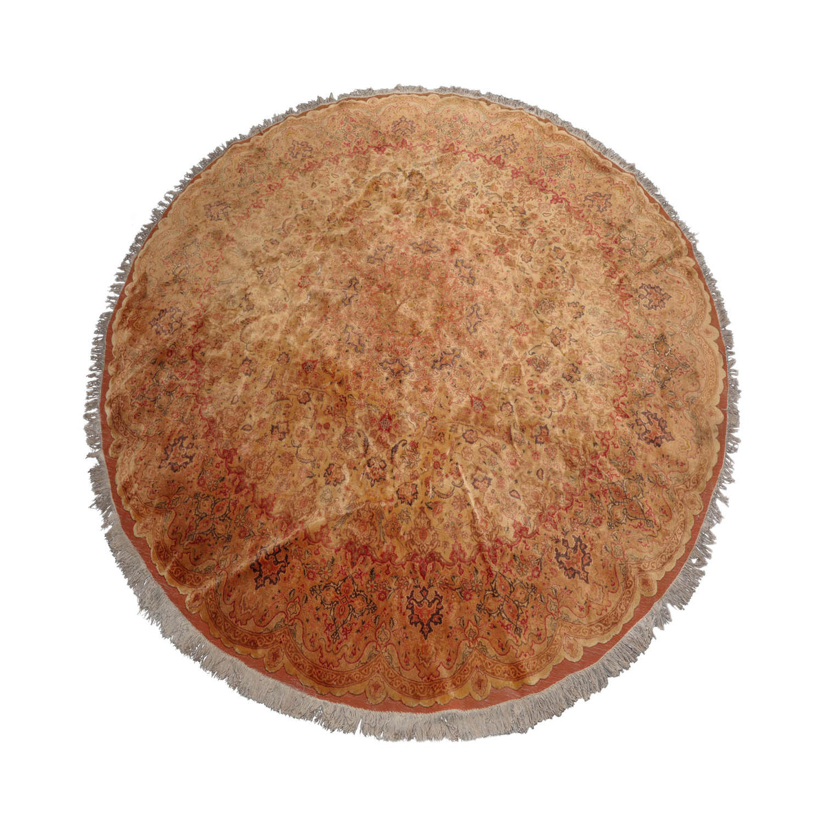 Round Tan, Peach, Rose Color Hand Knotted Tabriz Wool & Silk Traditional Oriental Rug