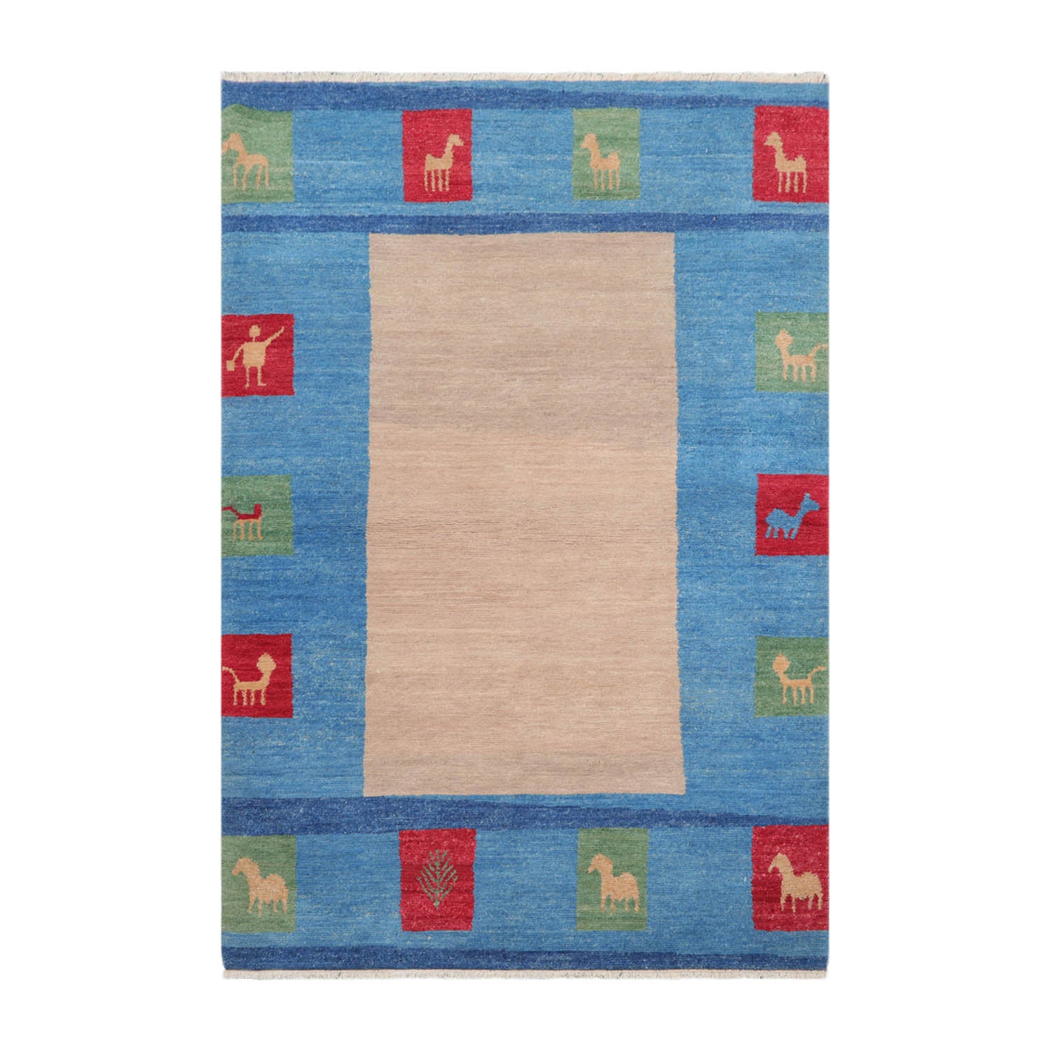 4x6 Beige, Blue, Coral Color Hand Knotted Gabbeh 100% Wool Modern & Contemporary Oriental Rug