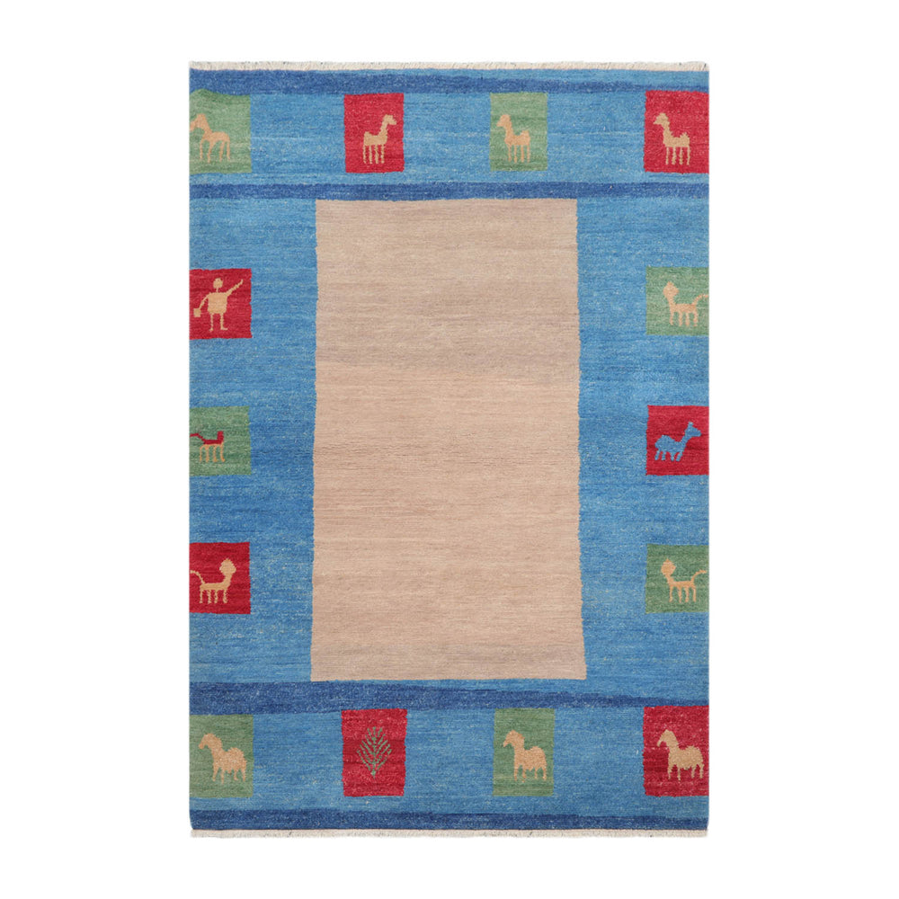 4x6 Beige, Blue, Coral Color Hand Knotted Gabbeh 100% Wool Modern & Contemporary Oriental Rug