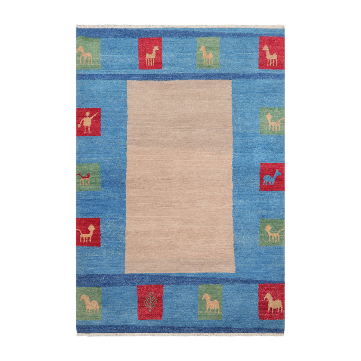 4x6 Beige, Blue, Coral Color Hand Knotted Gabbeh 100% Wool Modern & Contemporary Oriental Rug