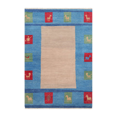 4x6 Beige, Blue, Coral Color Hand Knotted Gabbeh 100% Wool Modern & Contemporary Oriental Rug