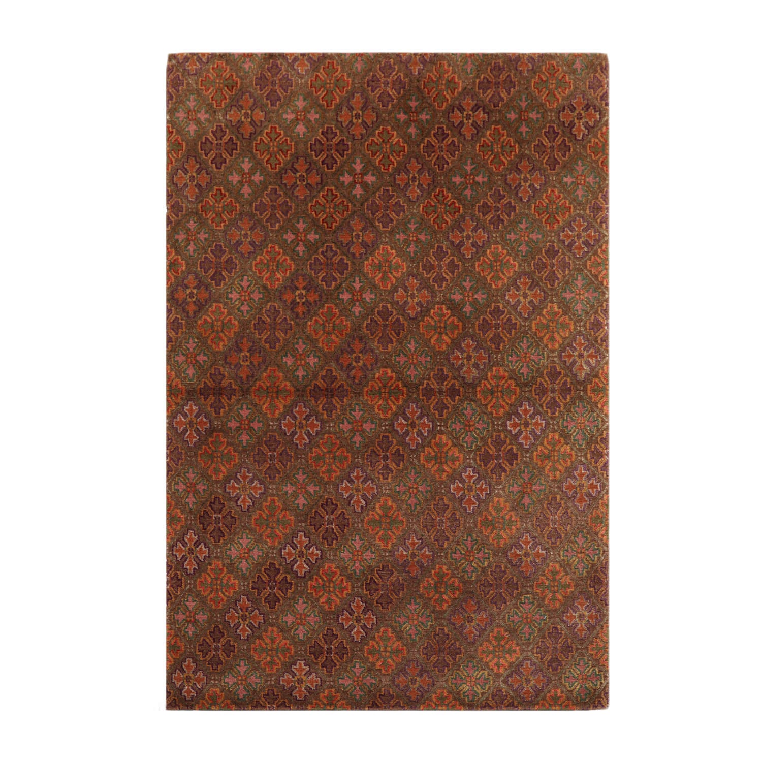 4x6 Brown, Aubergine, Gold Color Hand Knotted Tibetan 100% Wool Transitional Oriental Rug
