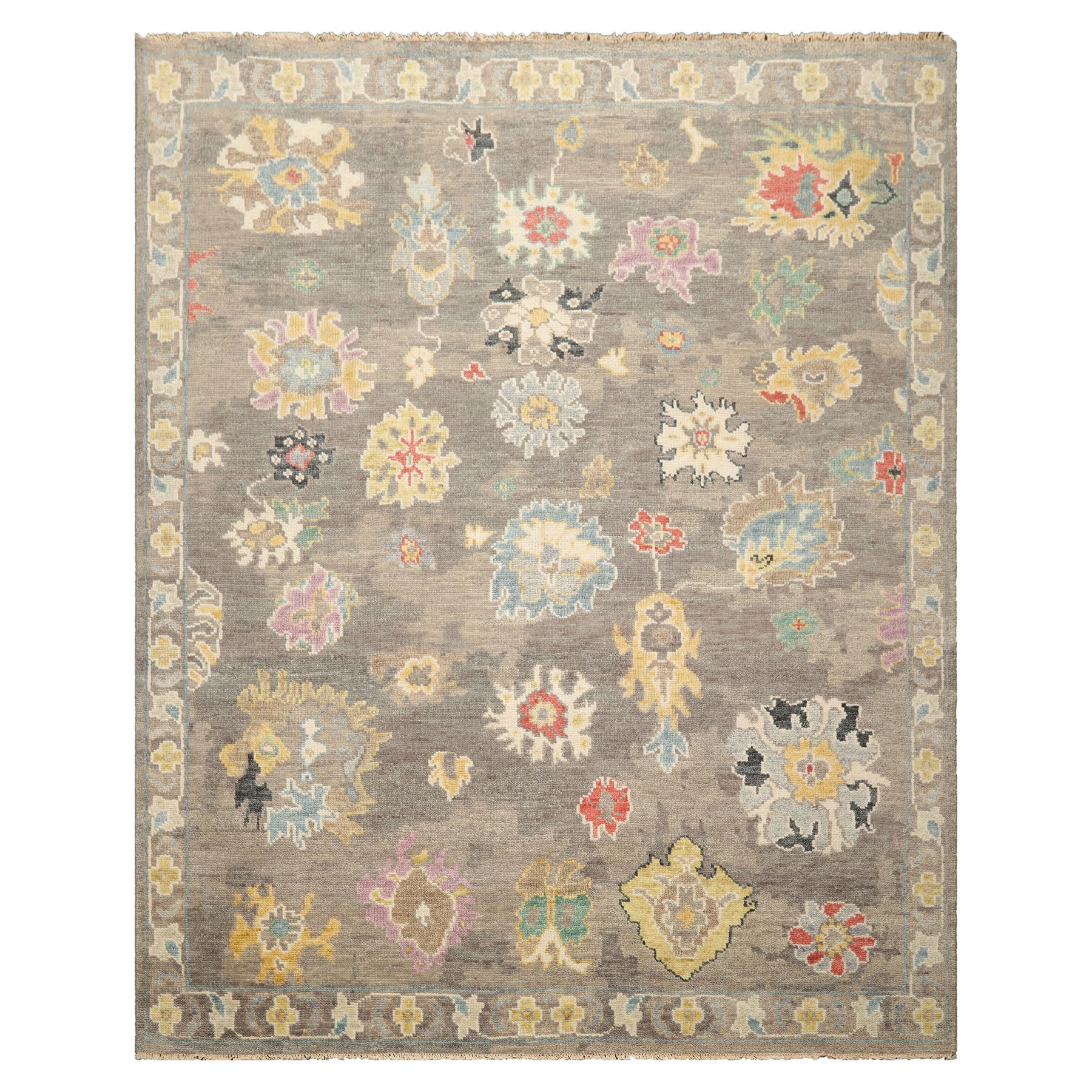 Multi Size Taupe Ivory Aqua Color Hand Knotted Oushak Wool Transitional Oriental Rug