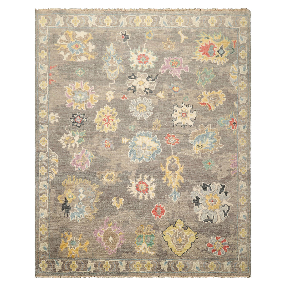 Multi Size Taupe Ivory Aqua Color Hand Knotted Oushak Wool Transitional Oriental Rug