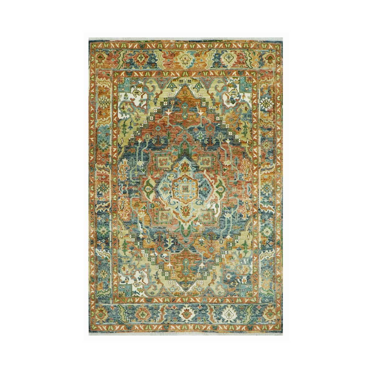 Multi Size Rust Sage Blue Color Hand Knotted Turkish Oushak Wool Traditional Oriental Rug