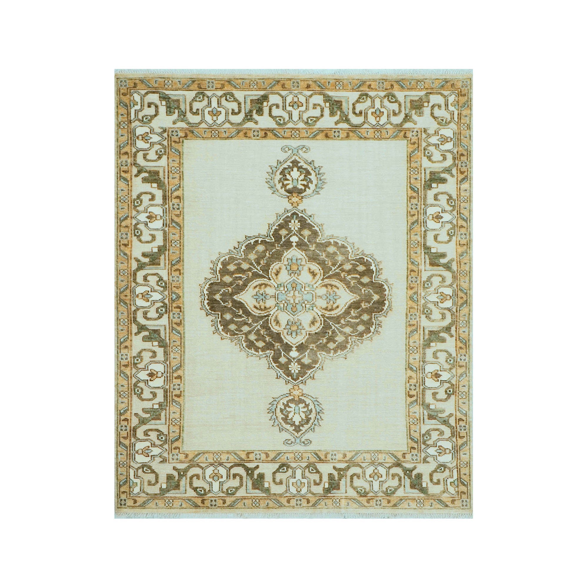 8x10 Beige, Green, Gold Color Hand Knotted Oushak Wool  Oriental Rug