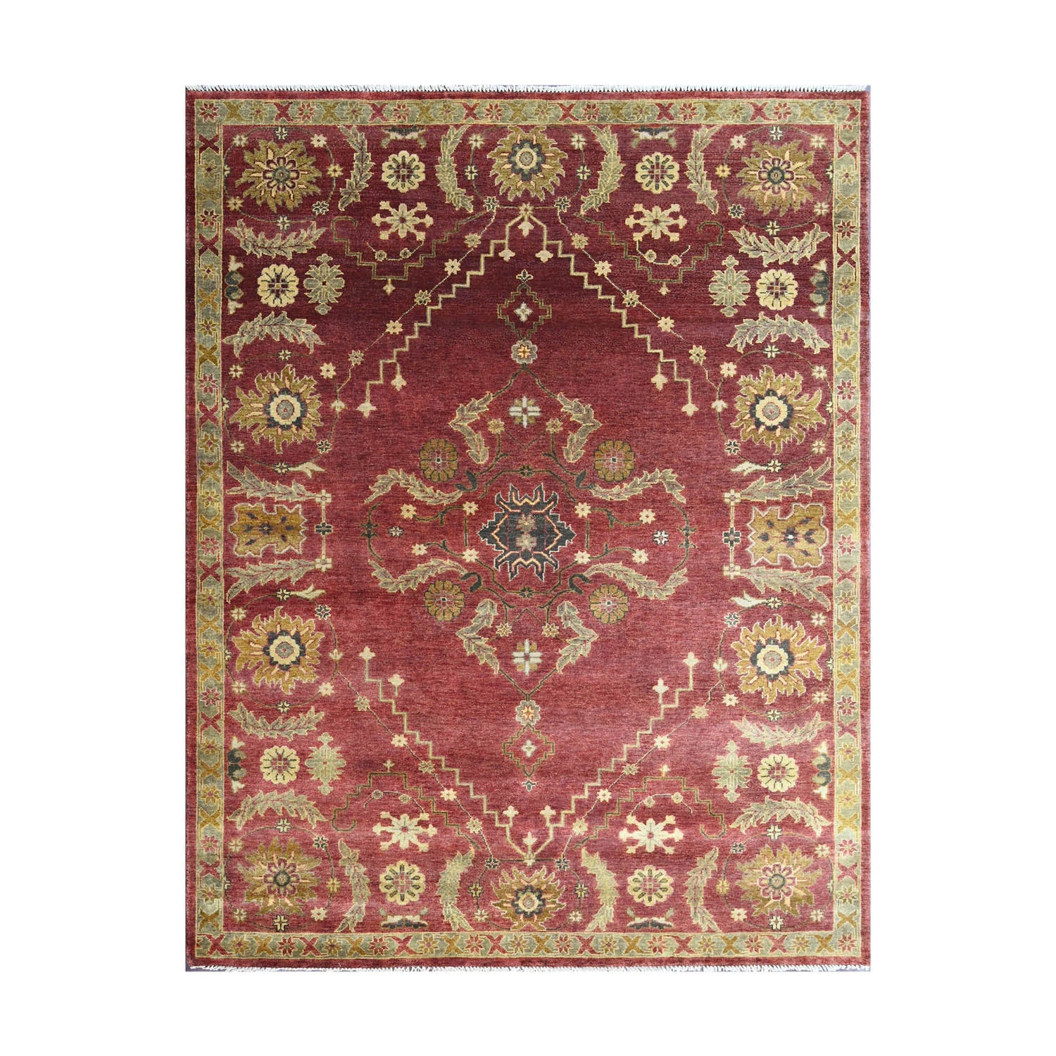 9x12 Raspberrry, Sage, Gold Color Hand Knotted Oushak Wool Traditional Oriental Rug