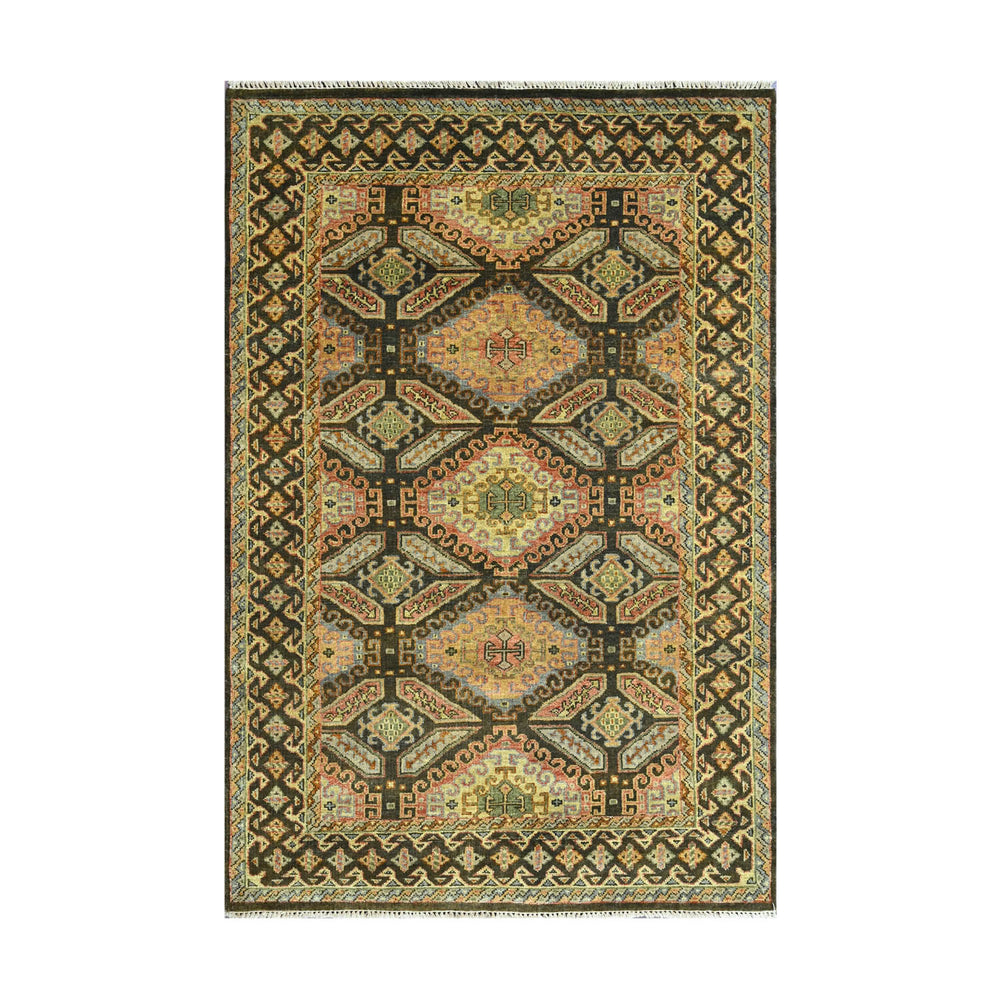 6x9 Gold, Forest Green, Peach Color Hand Knotted  Wool Transitional Oriental Rug