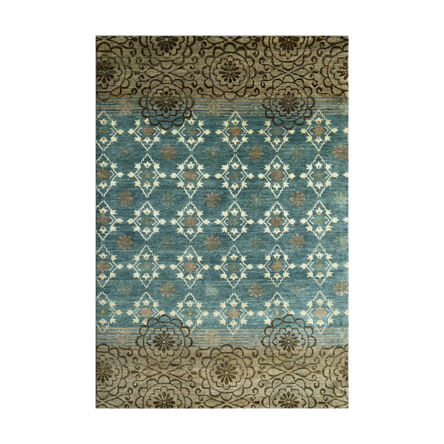 4x6 Teal, Tan, Ivory Color Hand Knotted  Wool Transitional Oriental Rug