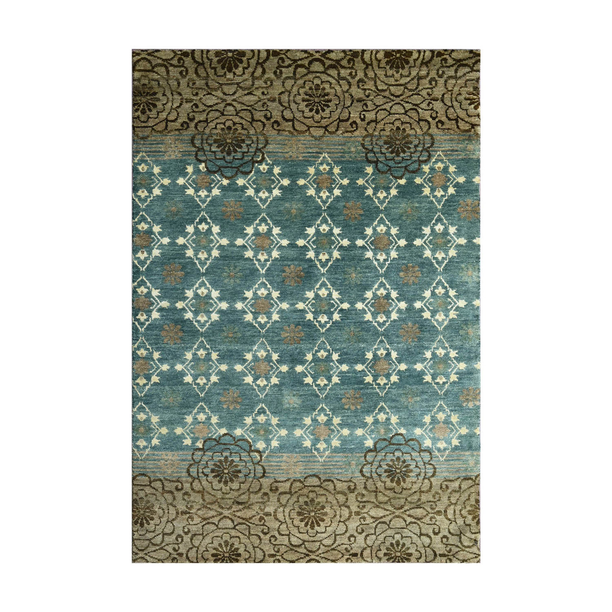 4x6 Teal, Tan, Ivory Color Hand Knotted  Wool Transitional Oriental Rug