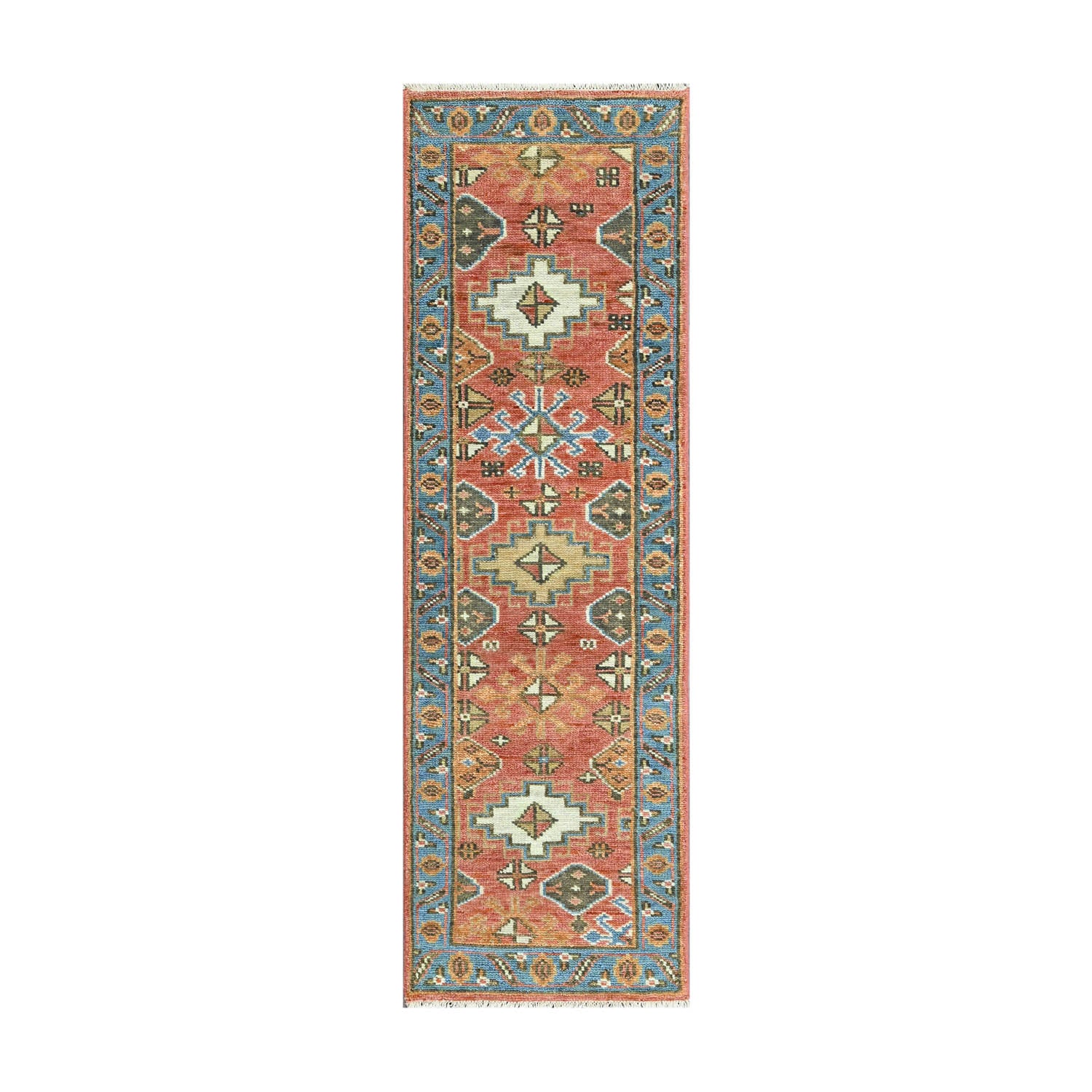 Multi Size Coral Blue Ivory Color Hand Knotted Oushak Wool  Oriental Rug
