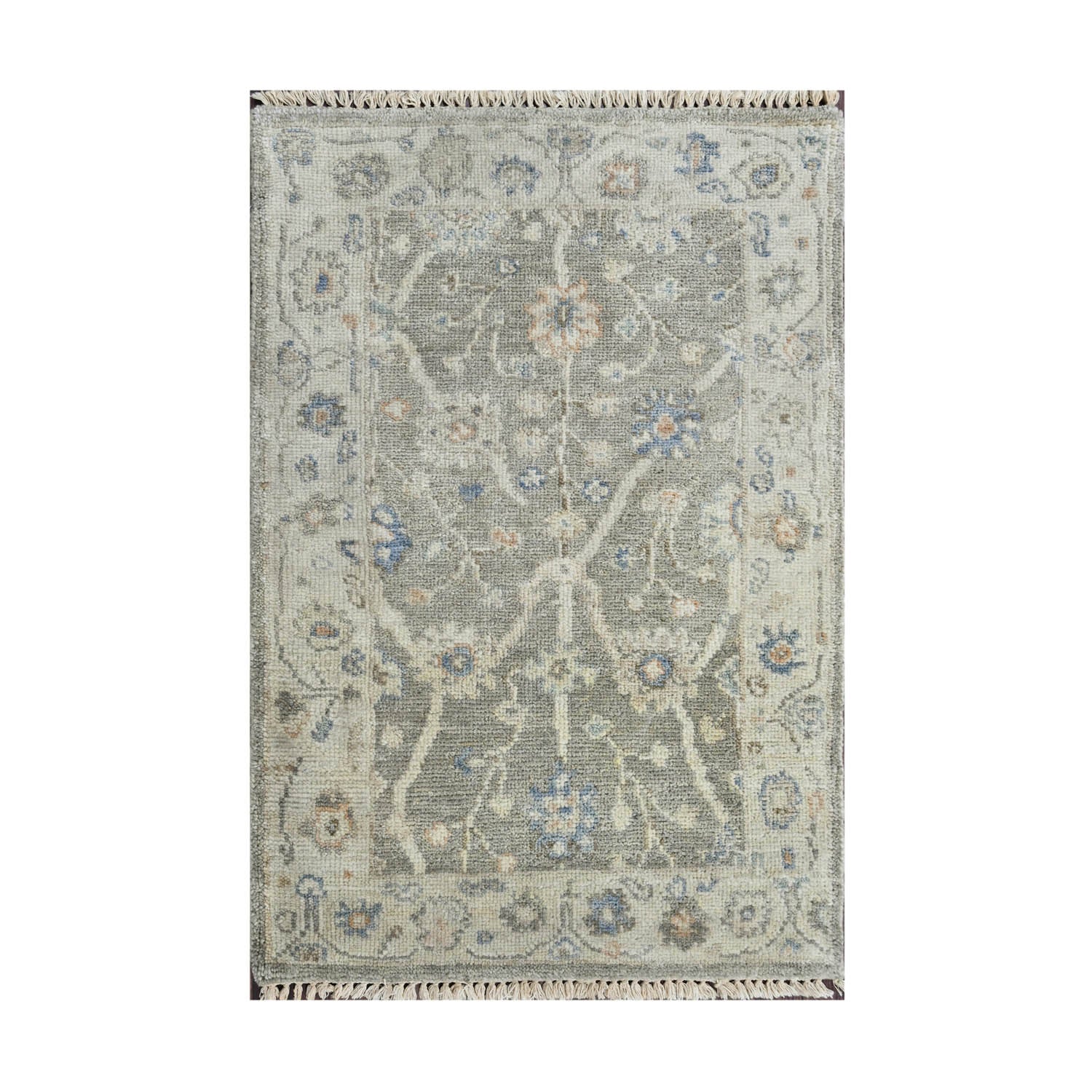 2x3 Gray, Beige, Blue Color Hand Knotted Oushak Wool Traditional Oriental Rug