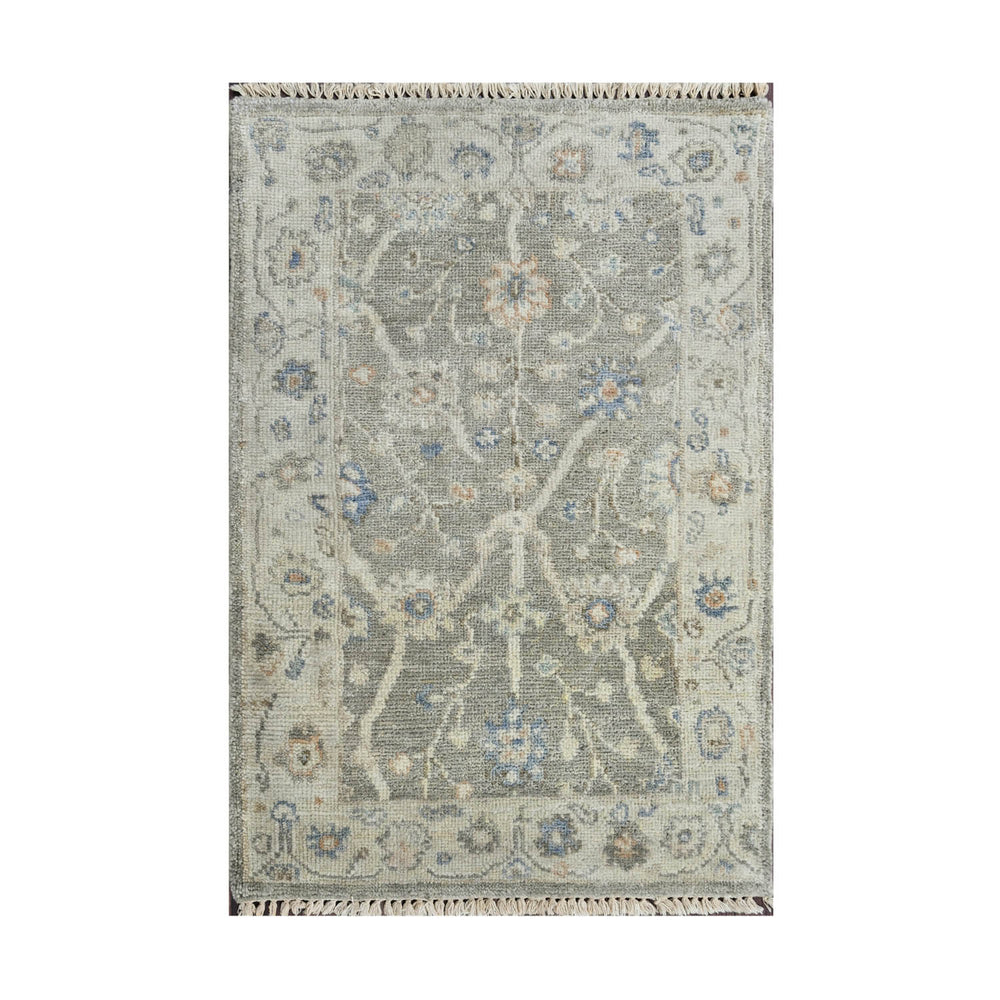 2x3 Gray, Beige, Blue Color Hand Knotted Oushak Wool Traditional Oriental Rug