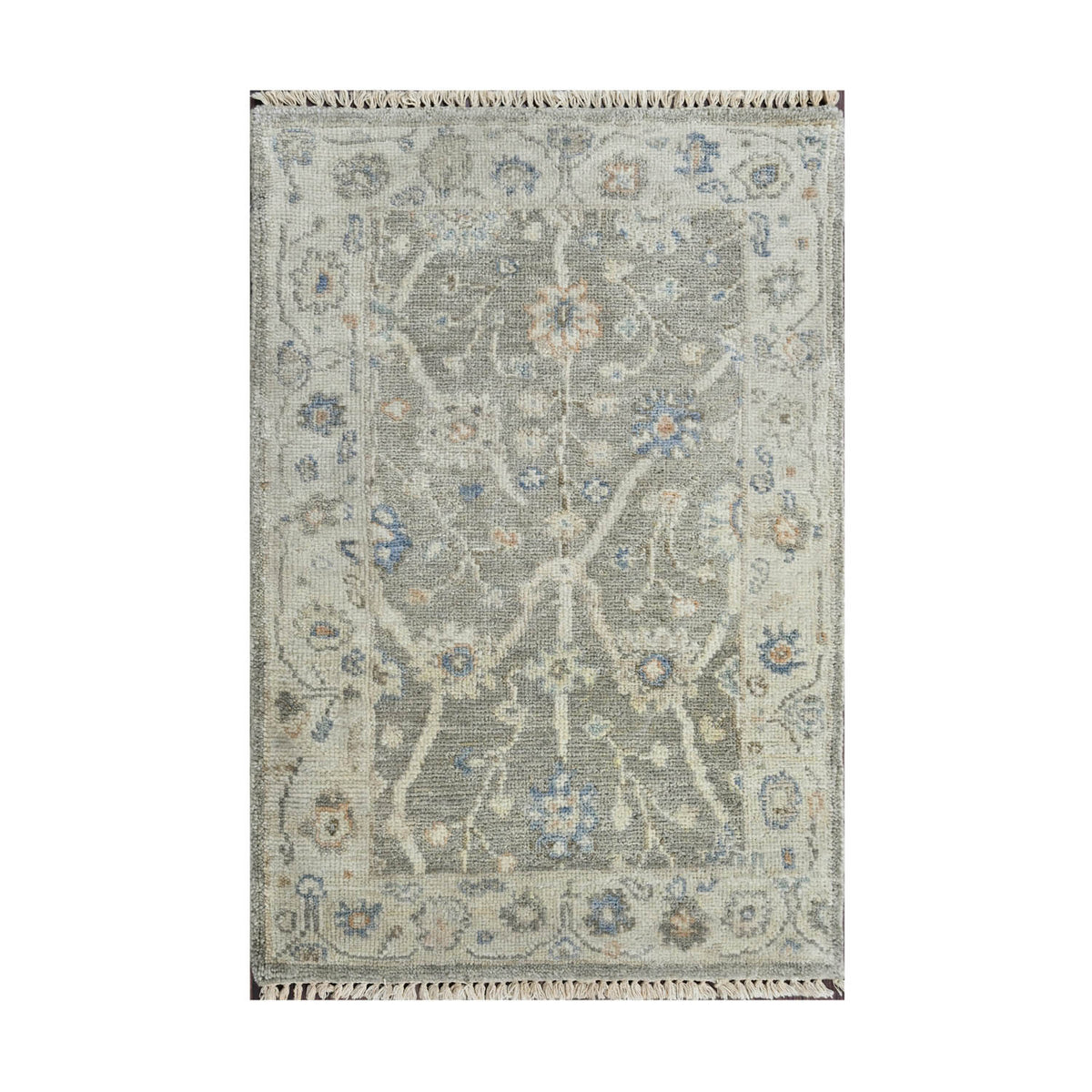 2x3 Gray, Beige, Blue Color Hand Knotted Oushak Wool Traditional Oriental Rug