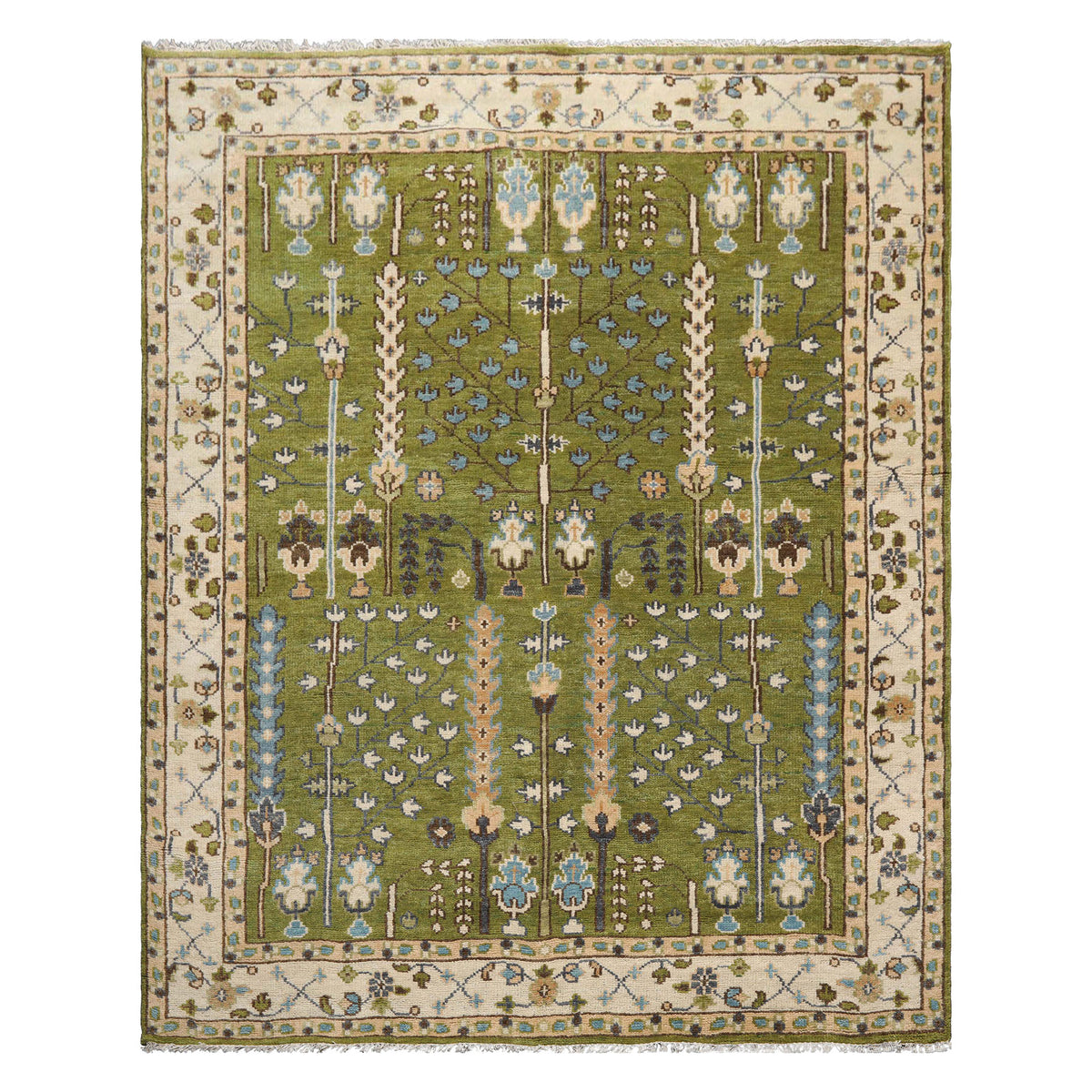 Multi Size Green Ivory Peach Color Hand Knotted Oushak Wool Traditional Oriental Rug