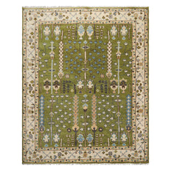 Multi Size Green Ivory Peach Color Hand Knotted Oushak Wool Traditional Oriental Rug