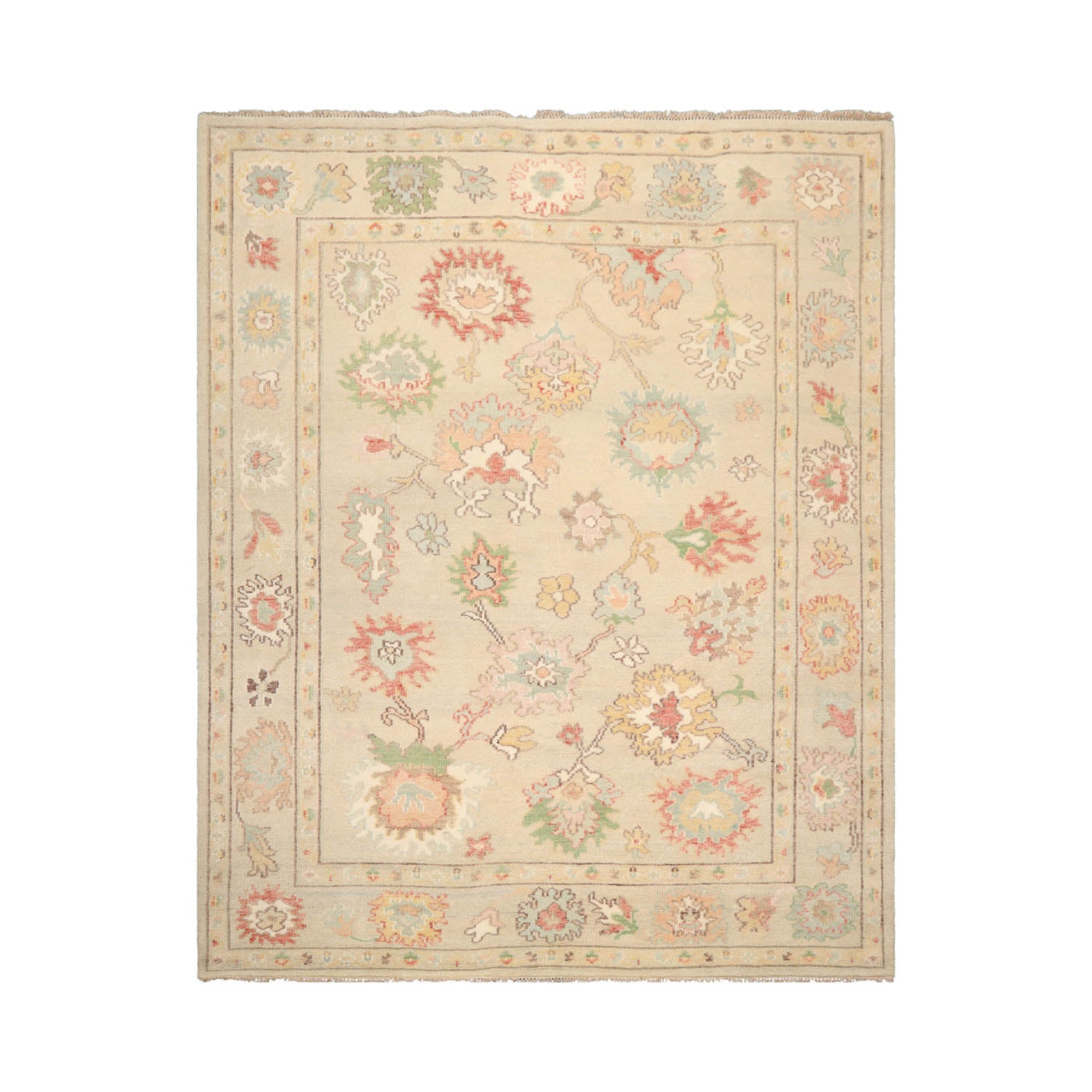 Multi Size Beige Ivory Aqua Color Hand Knotted Oushak Wool  Oriental Rug