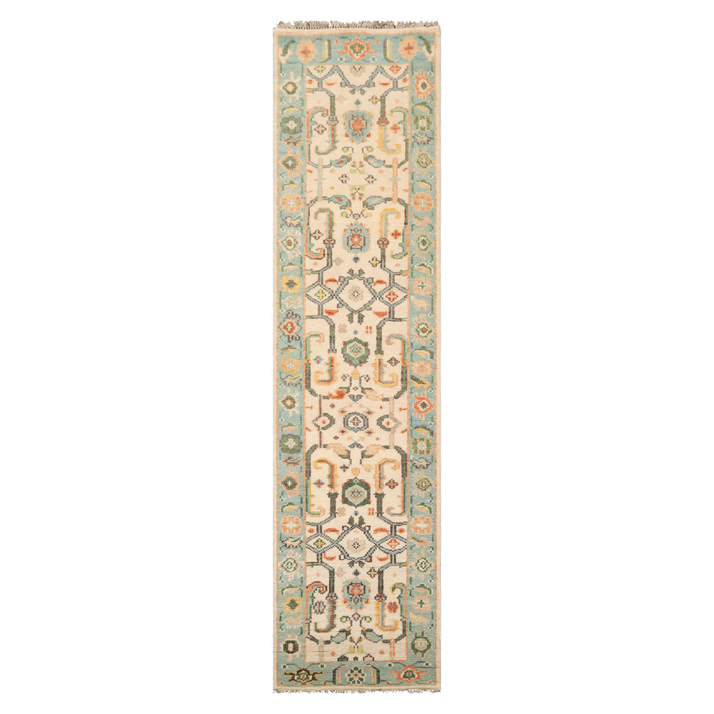 Multi Size Beige Aqua Green Color Hand Knotted Oushak Wool  Oriental Rug