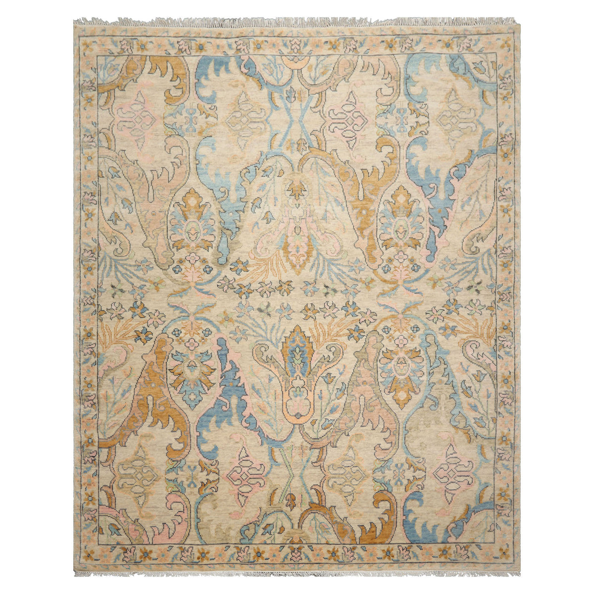 Multi Size Beige Blue Aqua Color Hand Knotted Oushak Wool Transitional Oriental Rug