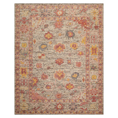 Multi Size Beige Rose Gray Color Hand Knotted Oushak Wool Transitional Oriental Rug
